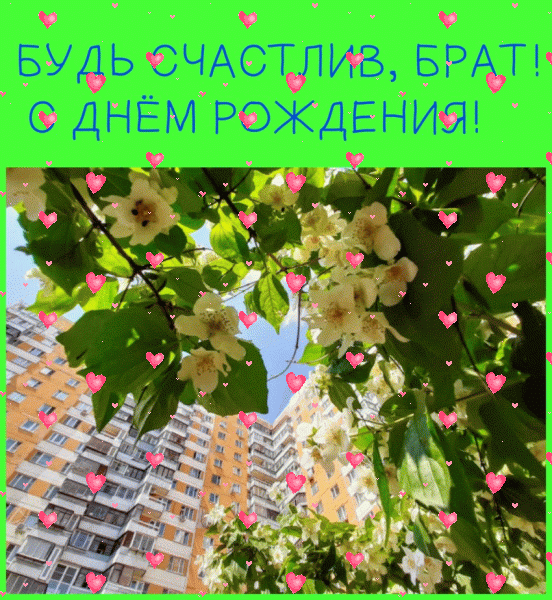Лучшая анимационная GIF картинка «Фейерверк» с днём рождения Брату с пожеланиями «Добрая открытка брату  С ДНЁМ РОЖДЕНИЯ!  На фоне многоэтажки цветущая липа + надпись.»