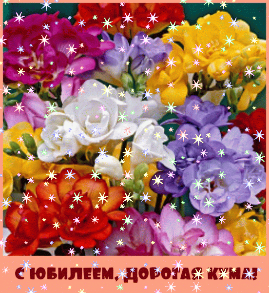 Поздравительная мерцающая GIF открытка «Звезды» с днём рождения Куме с поздравлениями «Бесподобная картинка с махровыми фрезиями дорогой куме С ЮБИЛЕЕМ!»