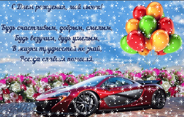 Креативная мерцающая GIF открытка «Снег» с днём рождения Сыну с пожеланиями «Красивая открытка для сынка С ДНЁМ РОЖДЕНИЯ! Небо, поляна роз, спортивный автомобиль, шары + надпись.»