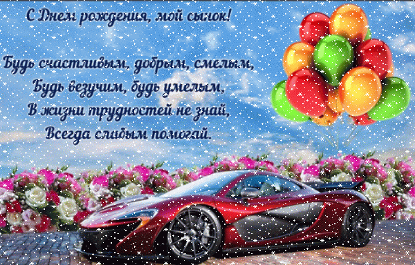 Креативная анимационная GIF открытка «Сердечки» с днём рождения Сыну с поздравлениями «Красивая открытка для сынка С ДНЁМ РОЖДЕНИЯ! Небо, поляна роз, спортивный автомобиль, шары + надпись.»